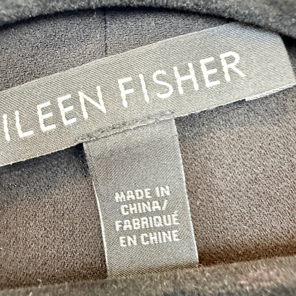 Eileen Fisher Silk Georgette Long Duster Cardigan Black Open Front Pockets L - Picture 3 of 11